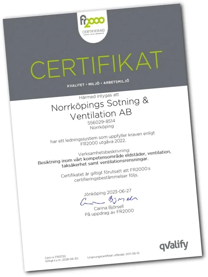 FR2000-certifikat för Norrköpings Sotning & Ventilation AB